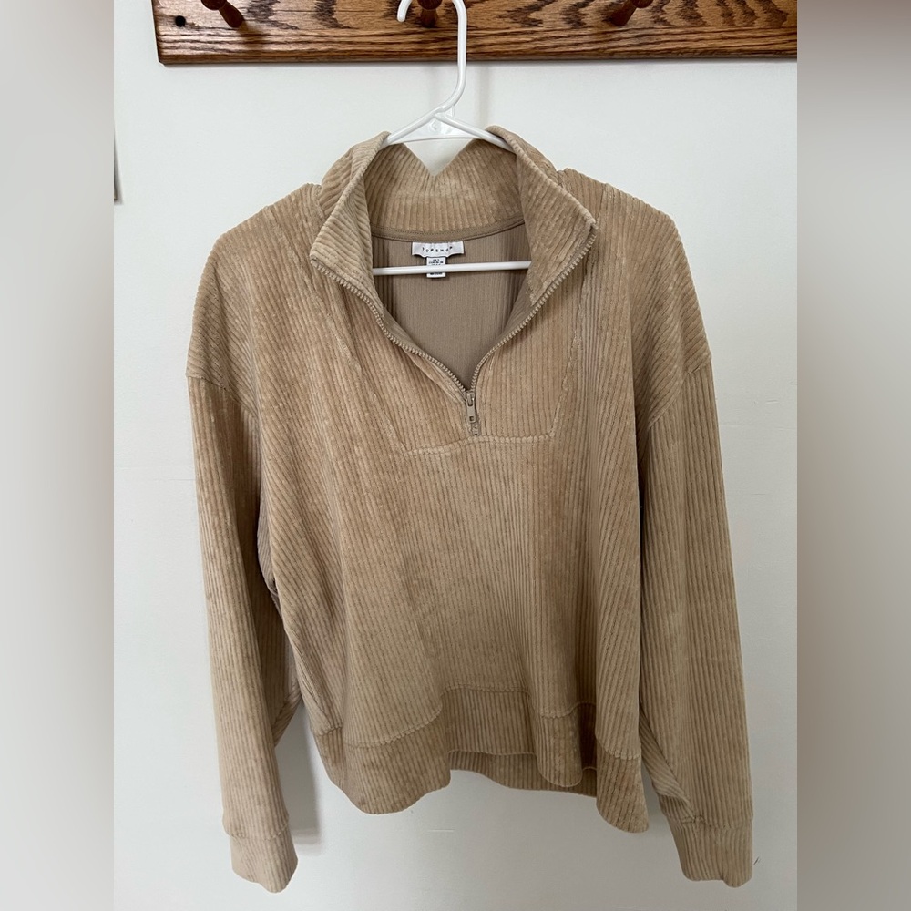 Topshop Beige Corduroy Quarter-Zip Sweater